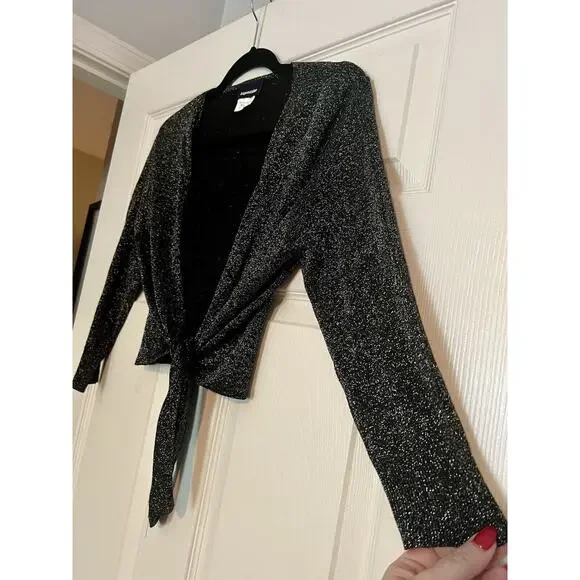 Expression Black And Silver Glitter Metallic Open Front Short Cardigan Size 12 - Picture 2 of 6